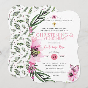 Christening and 1st Birthday Girls Pink Floral Invitation
