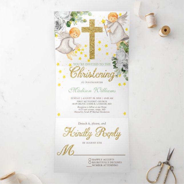 Christening Angels Gold Gender Neutral Tri-Fold Invitation (Inside)