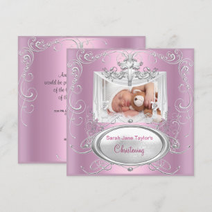 Christening Baptism Baby Girl Silver Pink Cross Invitation