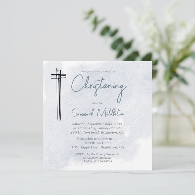 Christening Baptism Blue Wash Modern Cross Invitation (Standing Front)