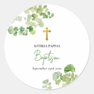 Christening Baptism Boy Girl Watercolor Greenery Classic Round Sticker