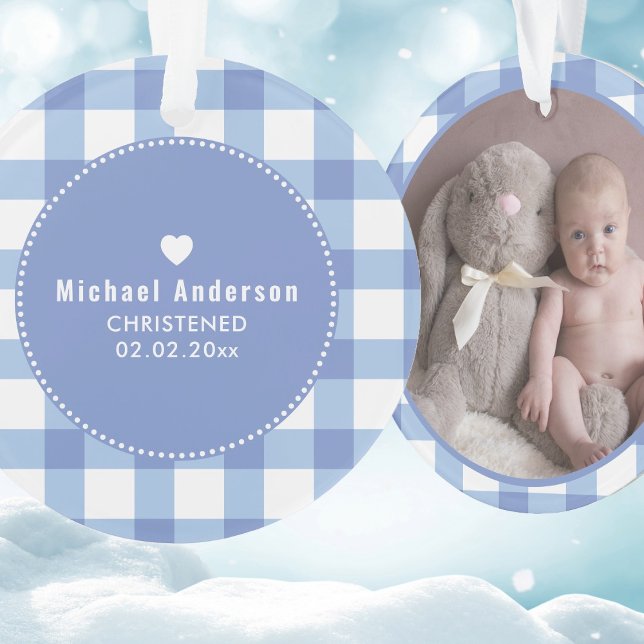 Christening Baptism Cute Baby Boy Kids Photo Blue Ornament (Creator Uploaded)