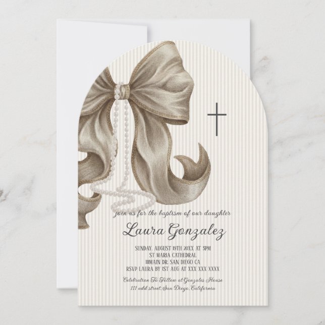 Christening Baptism Elegant Neutral Striped Bow  Invitation (Front)