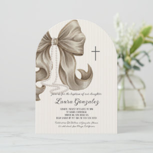Christening Baptism Elegant Neutral Striped Bow  Invitation
