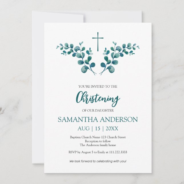 Christening Baptism Eucalyptus Greenery minimalist Invitation (Front)