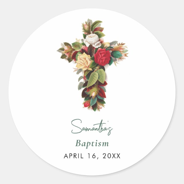 Christening Baptism Floral Cross Boy Girl Classic Round Sticker (Front)