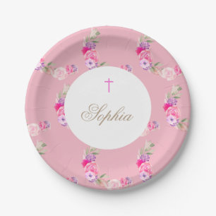 Christening Baptism Girl Pink Floral Celebration Paper Plate