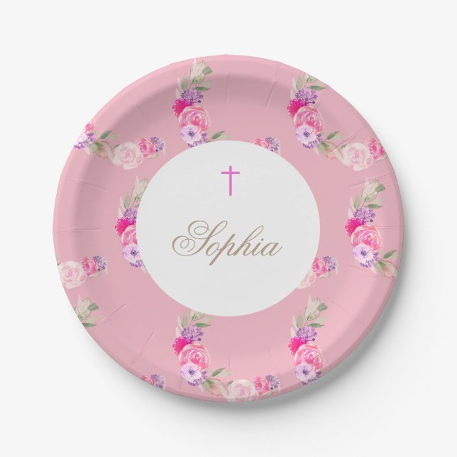 Christening | Baptism Girl Pink Floral Celebration Paper Plate (Front)