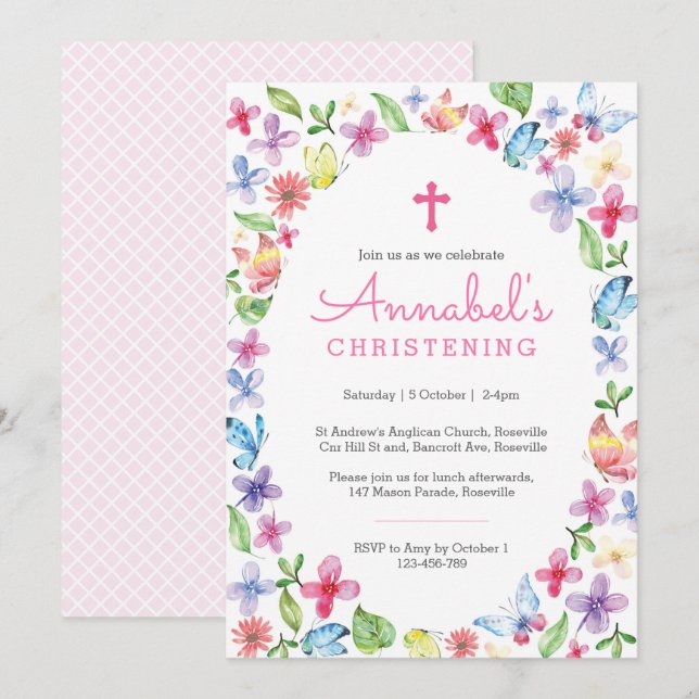 Christening Baptism Invitation Butterfly floral (Front/Back)