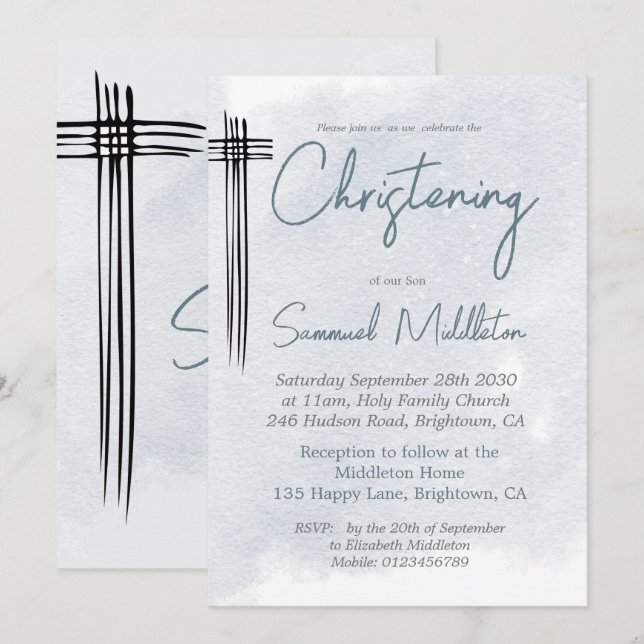 Christening Baptism Modern Blue Wash  Cross Invitation (Front/Back)