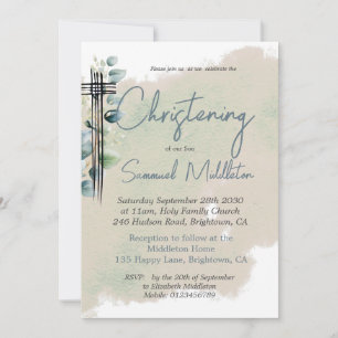 Christening Baptism Modern Botanical Elegant Cross Invitation