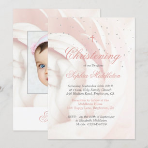 Christening Baptism Photo Girl Pink Rose  Silver Invitation