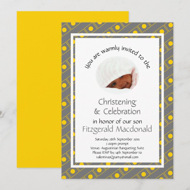 CHRISTENING Baptism | Photo | Stylish Yellow Grey Invitation (Front/Back)