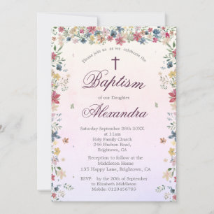 Christening Baptism Pink Floral Flowers Girls Invitation