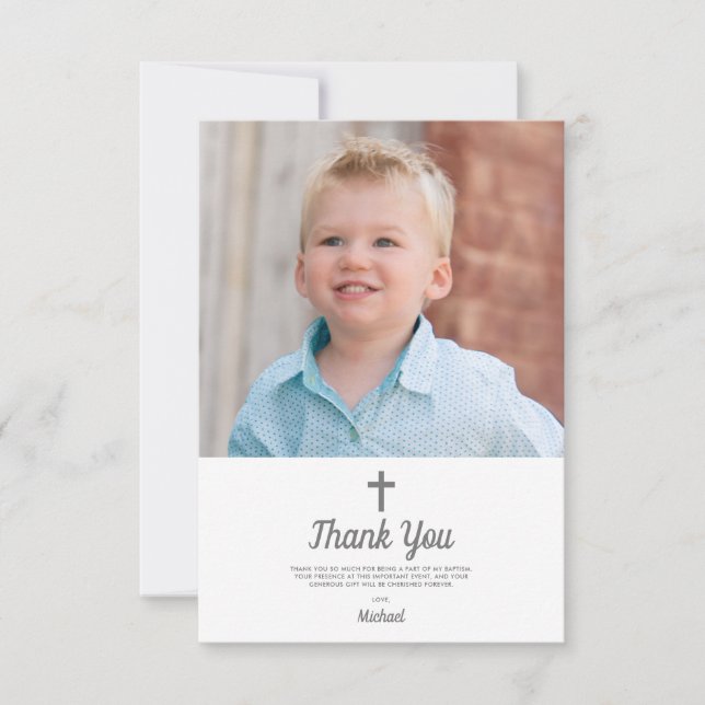 Christening Baptism Religious Boy Photo Thank You Card (Front)