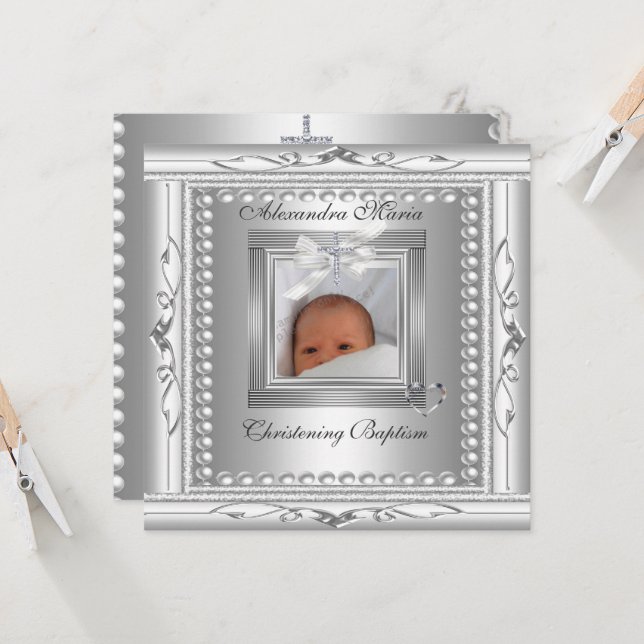 Christening Baptism Silver Photo Frame Bow Card (Front/Back In Situ)