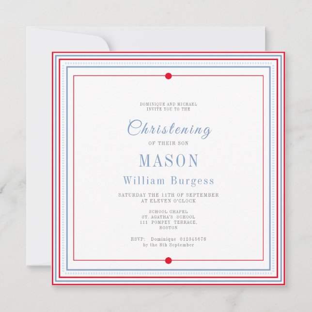 Christening Baptism Simple Script Blue Red  Modern Announcement (Front)