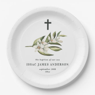 Christening baptism white floral foliage blossom paper plate