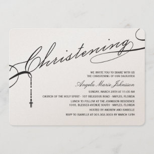 Christening Black Script Cross Photo Religious Invitation