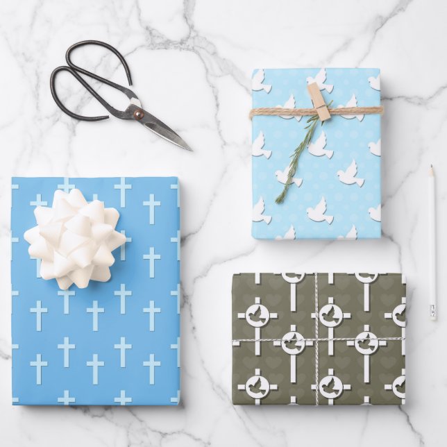 Christening Blue Cross Dove Wrapping Paper Sheet (Front)