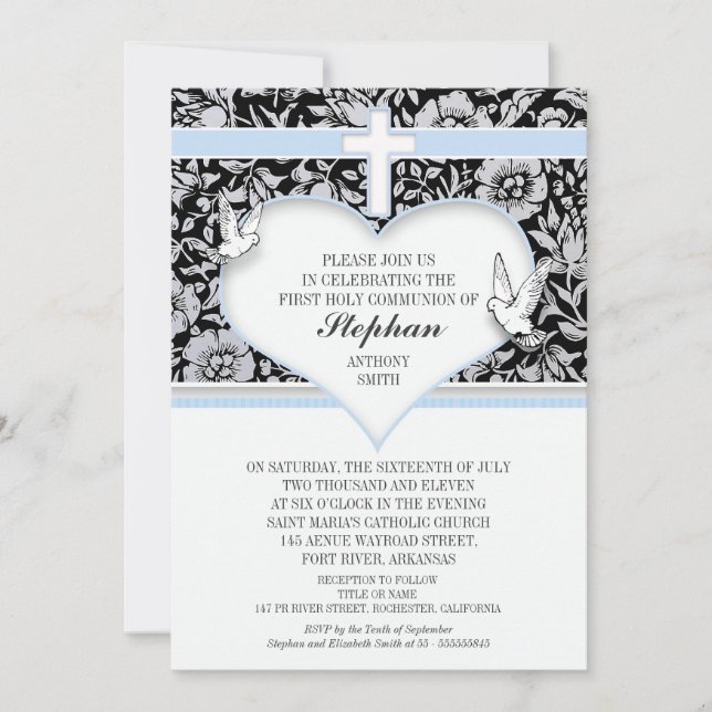 Christening Blue Cross & Heart Invitation for Boy (Front)