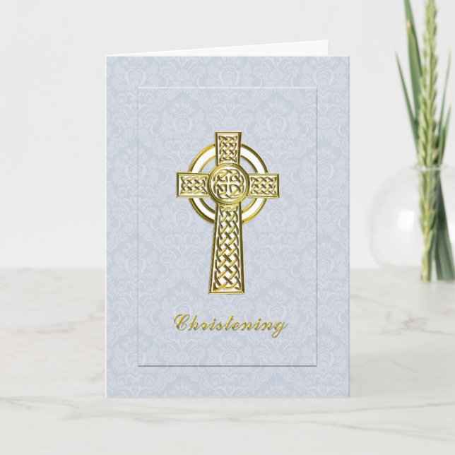 Christening Blue Damask with Gold Cross Invitation (Front)