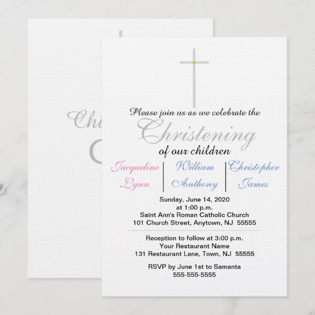 Christening Blue Pink Triplets Invitation (Front/Back)