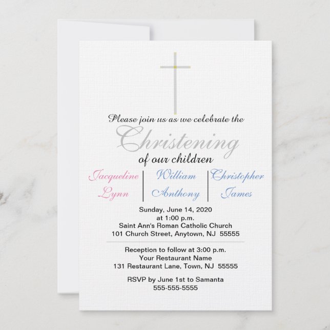 Christening Blue Pink Triplets Invitation (Front)
