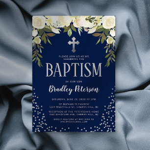 Christening Blue Silver Floral Boy Baptism Invitation