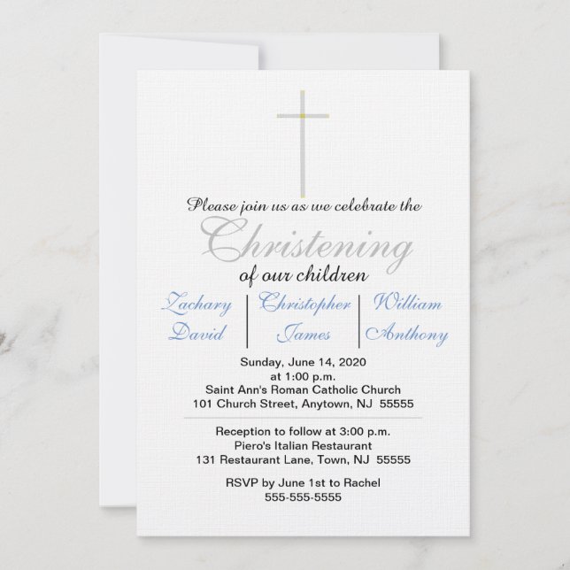 Christening Blue Triplets Invitations (Front)