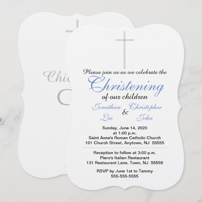 Christening Blue Twins Invitations (Front/Back)