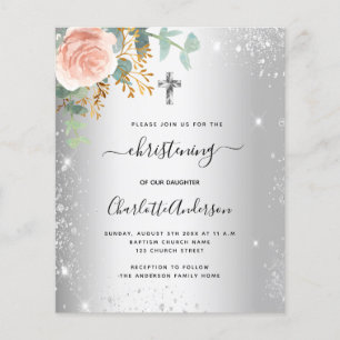 Christening blush floral silver sparkle invitation flyer