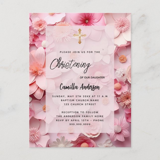 Christening blush pink flowers baby girl invitation postcard (Front)