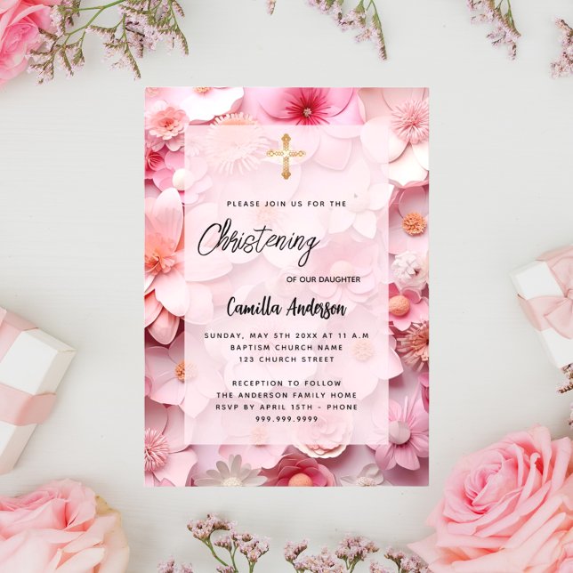 Christening blush pink flowers baby girl luxury invitation (Creator Uploaded)