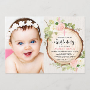 Christening blush pink rustic woodland girl photo invitation