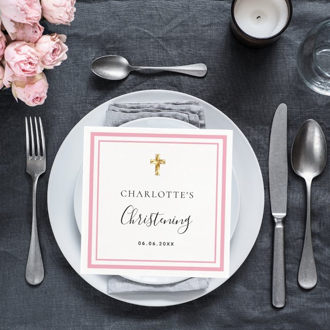 Christening blush pink white name girl napkin (Creator Uploaded)