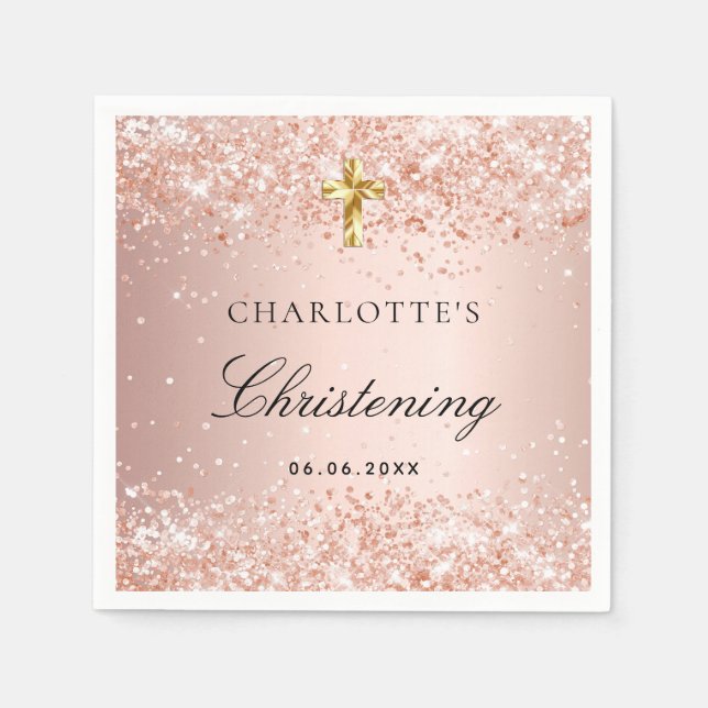 Christening blush rose gold glitter name girl napkin (Front)