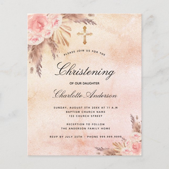 Christening blush rose pampas floral invitation (Front)