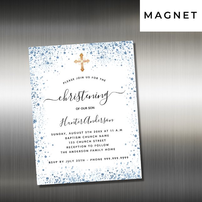 Christening boy blue white gold invitation magnet (Creator Uploaded)