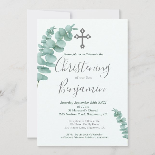 Christening Boy Eucalyptus Greenery Modern Invitation (Front)
