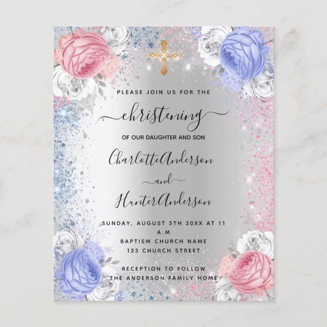 Christening boy girl blue pink budget invitation flyer (Front)