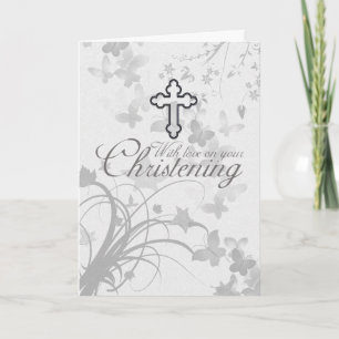 Christening Card With Cross Flowers Butterflies