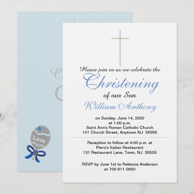 Christening Cross Blue Grey Invitation (Front/Back)