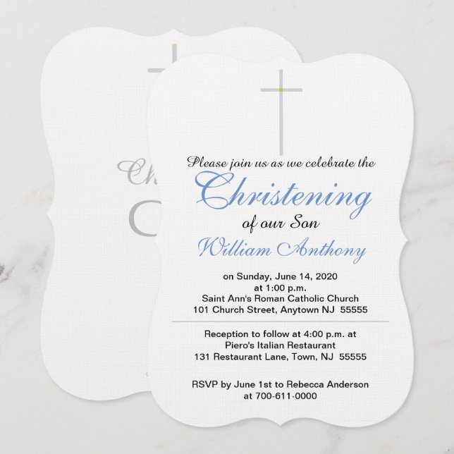 Christening Cross Blue Invitations (Front/Back)