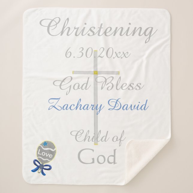 Christening Cross Boy Blue Star Rattle Medium Sherpa Blanket (Front)