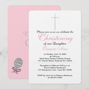 Christening Cross Daughter Pink Baby Rattle Invitation