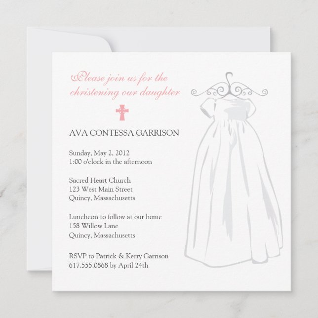 Christening Dress and Pink Cross Invitation (Front)