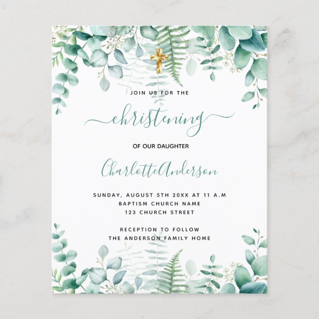 Christening eucalyptus greenery budget invitation flyer (Front)