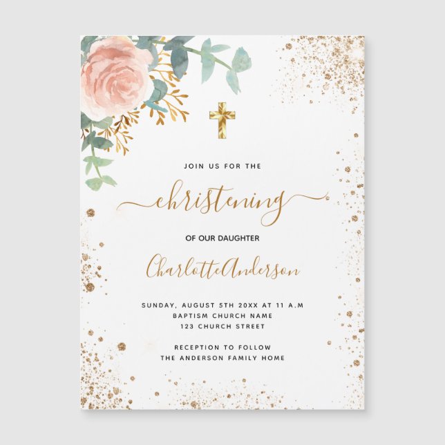 Christening eucalyptus rose invitation magnet (Front)