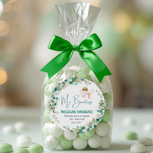 Christening Favours  Cute Boy Angel & Green Flower Classic Round Sticker
